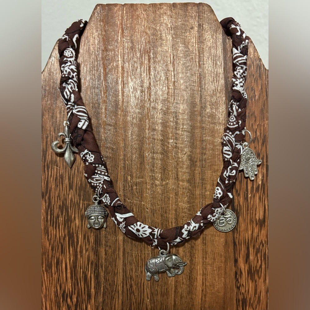 Handmade braided Brown bandana silver Budah Charm Necklace